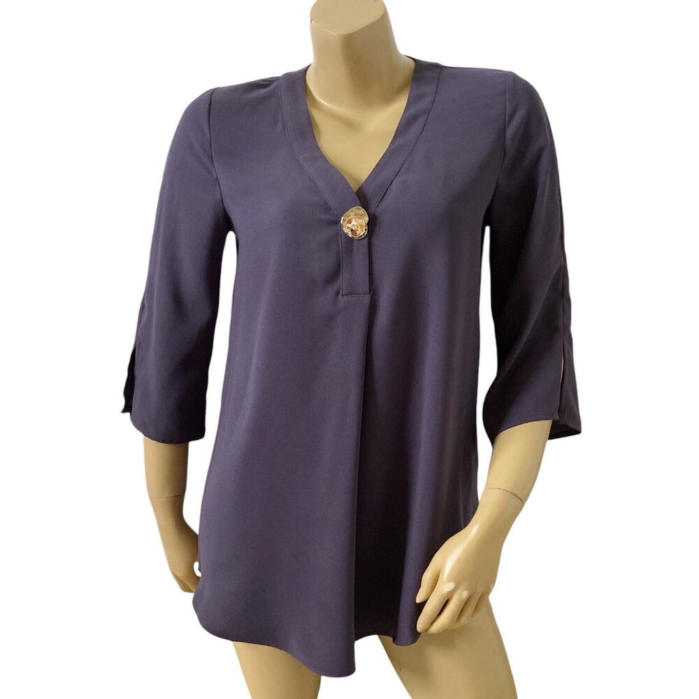 WORTHINGTON Womens Size XS Blue V Neck Pleated 3/4 Sleeve Tunic Shirt Top